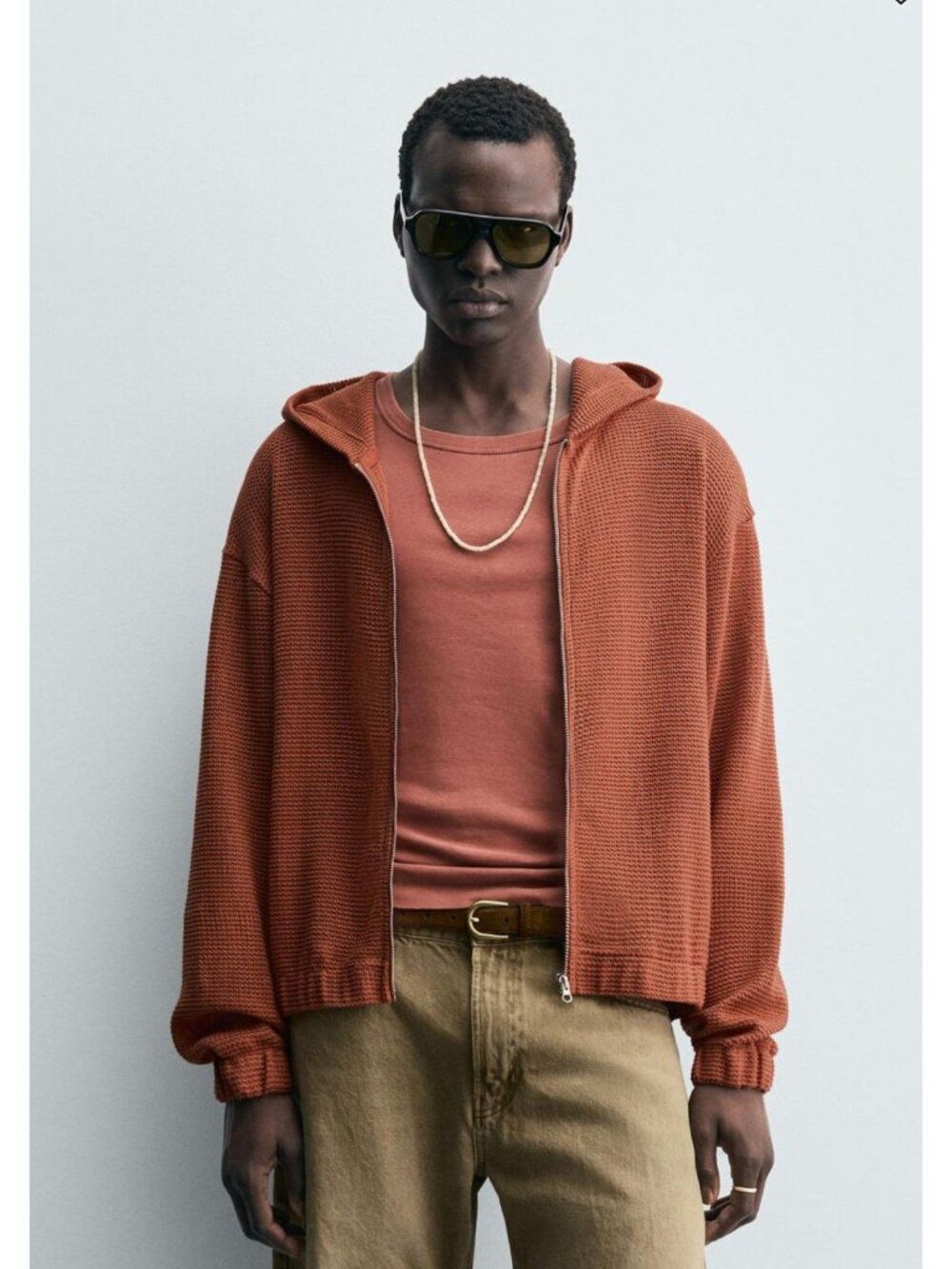 Zara Mens Hoodie Sweatshirt L XL orange Red Waffle Knit Full Zip 3665/317 NWT